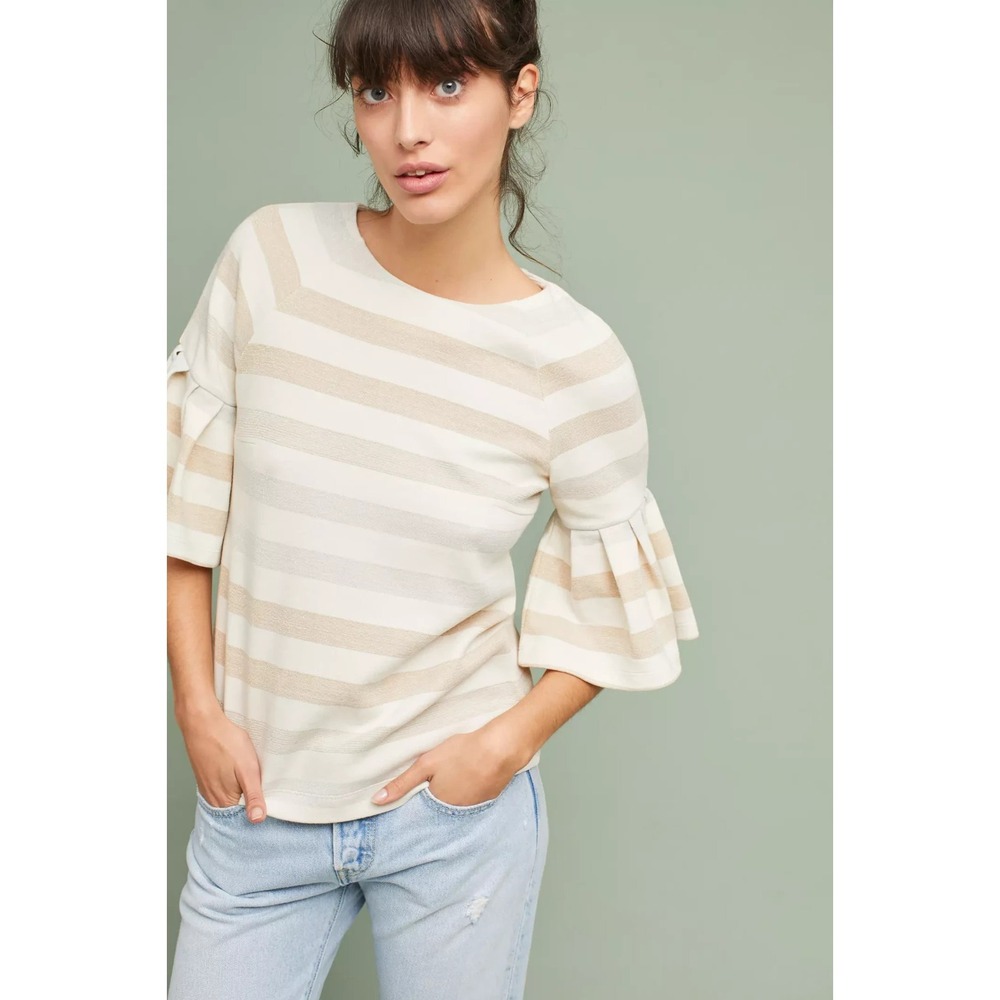 Maeve Helsa Top Womens Size S Cream Gold Silver Metallic Striped Ruffled Sleeve